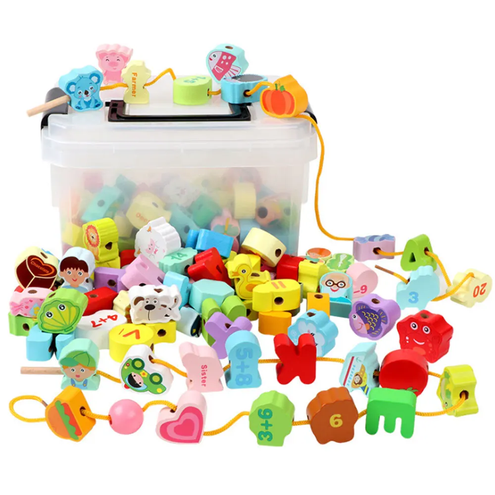 

65Pcs Lacing Toy Wooden String Animal Fruits Vegetable Vehicles Lacing Beads with Storage Box for Children Educational Toys