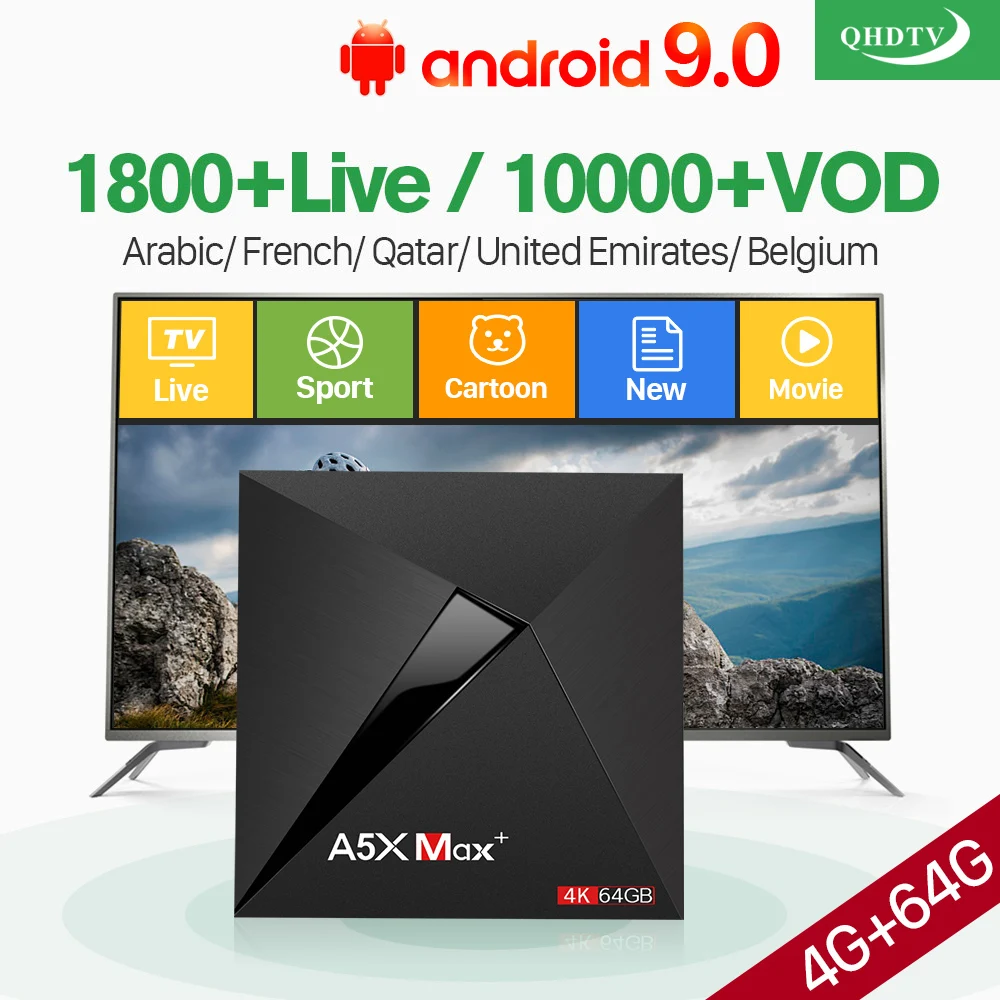 Франция IPTV арабский IPTV 1 год QHDTV A5X Max+ Android 9,0 4G+ 64G USB3.0 двухдиапазонный wifi 4K QHDTV IPTV Франция арабский Бельгия голландский