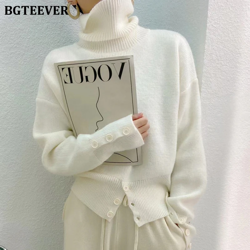 

BGTEEVER Chic Turtleneck Women Sweaters Long Sleeve Loose Button Female Knitted Pullovers Autumn Winter Ladies Knitwear