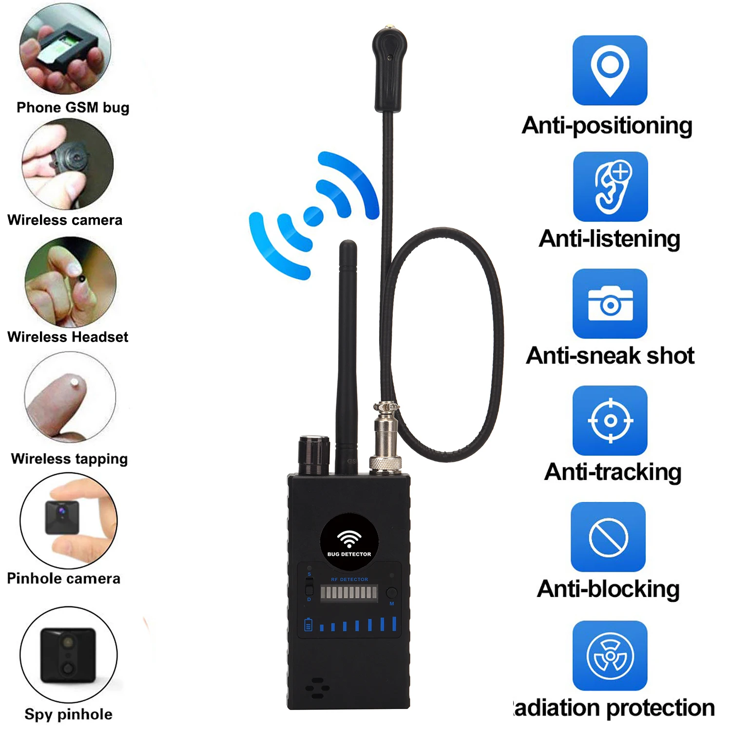 

Anti Spy RF Detector,High Sensitivity Wireless Bug Hidden Camera Detector GPS Tracking GSM Listening Device Finder Radio Scanner