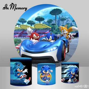 

InMemory Custom Photocall Cartoon Blue Sonic Party Round Circle Backdrops Boys Birthday Party Background For Photo Studio