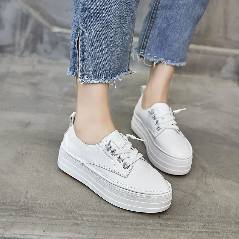 

2019 Spring New Style Korean-style Elevator Shoes White Lace-up Versatile Casual Shoes Platform Thick Bottomed Sports STUDENT'S