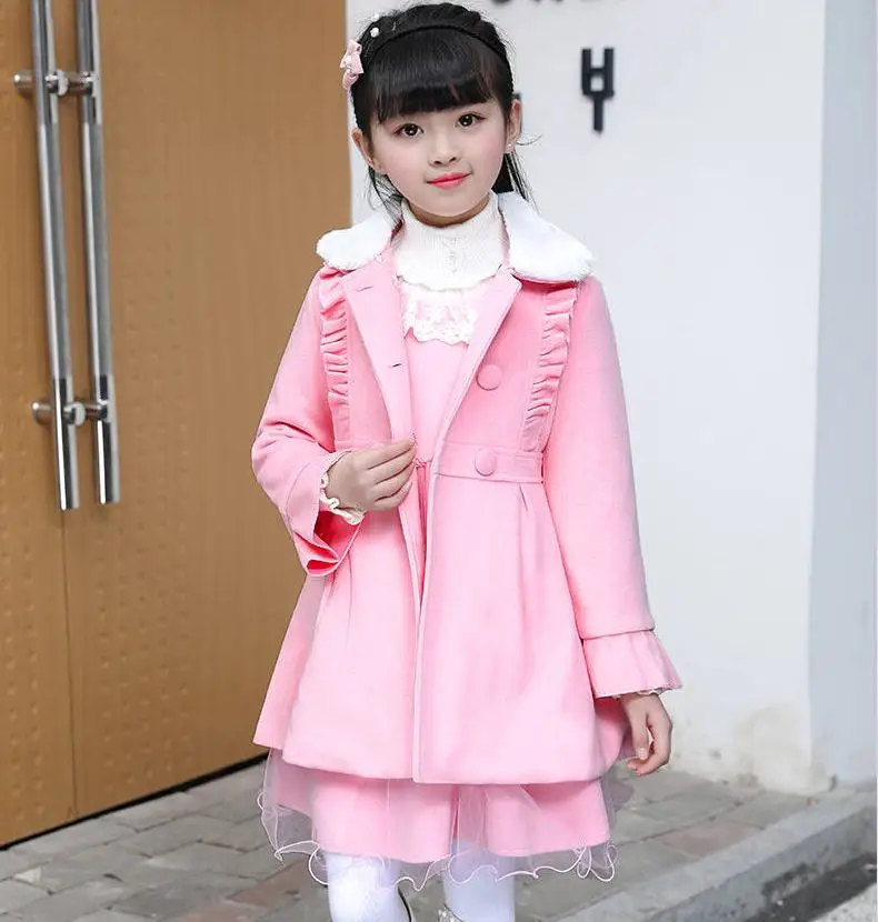 Spring Autumn New Children Girl Warm Wool Coat+ Vest Dress Sets Kids Girls Faux Fur Collar Wool Blends Coats Clothing W264