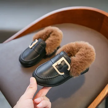 

Winter Kids Fur Shoes Baby Girls Plush Princess Flats Toddler Dress Shoes Fashion New Children's Casual Cotton Shoes E187