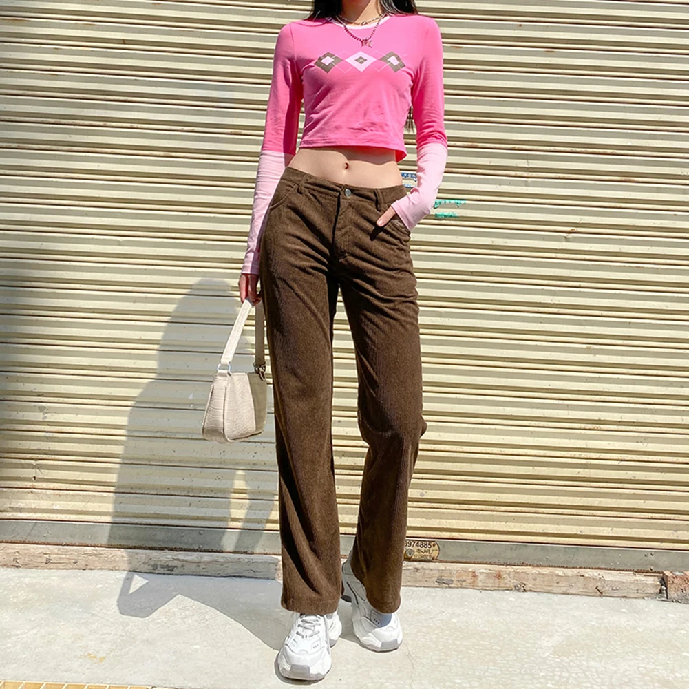 

2020 Brown Corduroy Pants Women Harajuku Cargo Pants Y2k E-Girl Trousers Autumn Winter High Waist Pants 90s Streetwear New