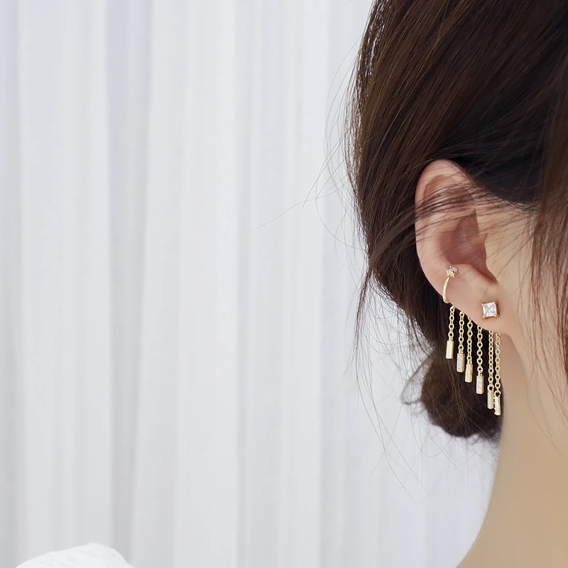 Luxury Temperament Bling Zircon Tassel Earring for Women 14k Real Gold Earclip Charm Wedding Engagement Clip Earring Jewelry