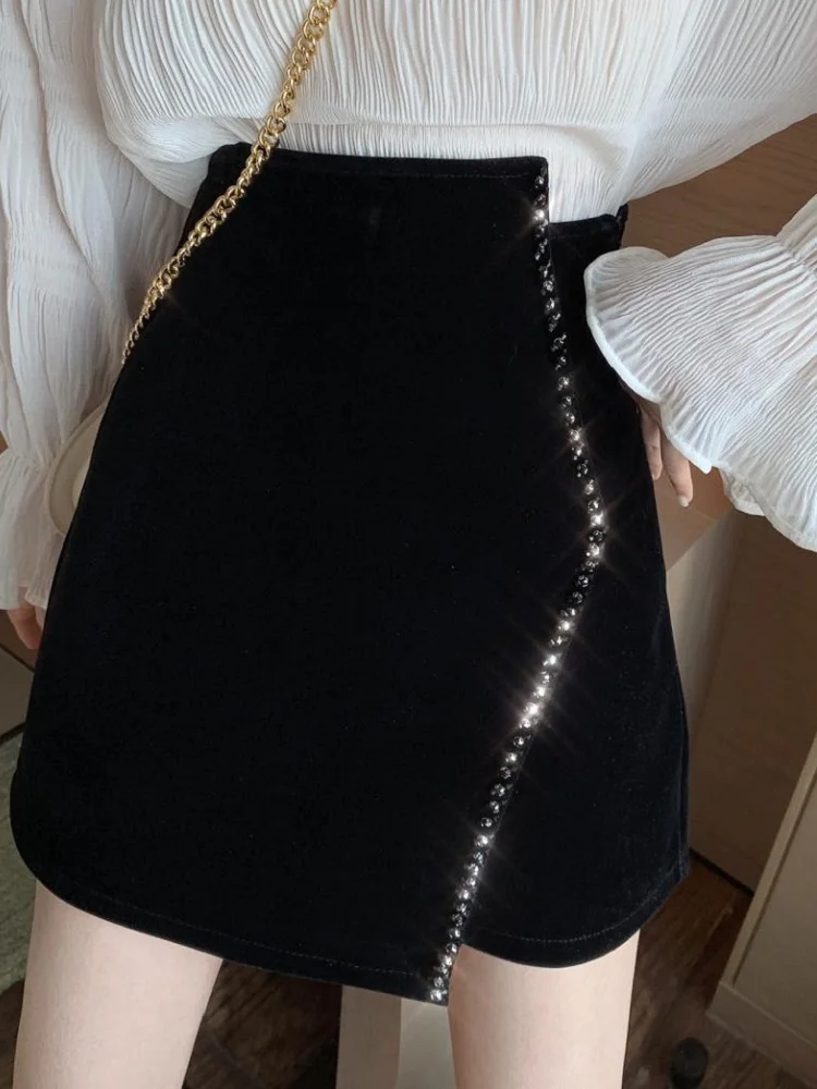 Ins CHIC Europe French Irregular Velvet Hand Bead Rhinestone Woman Velour Mini Skirt High Waist Bodycon Lady Bottom Black Winter