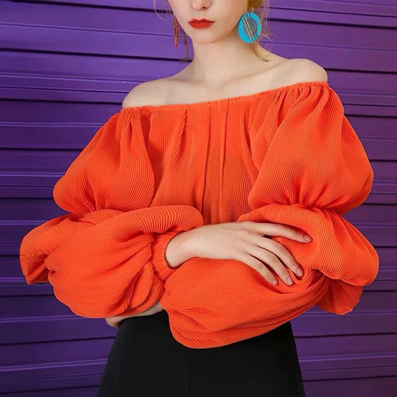 orange VGH корейские женские рубашки с рюшами, с вырезом лодочкой, с открытыми плечами, с рукавом-фонариком, большие размеры, повседневная женская блузка,, осенняя мода, новинка - Цвет: orange