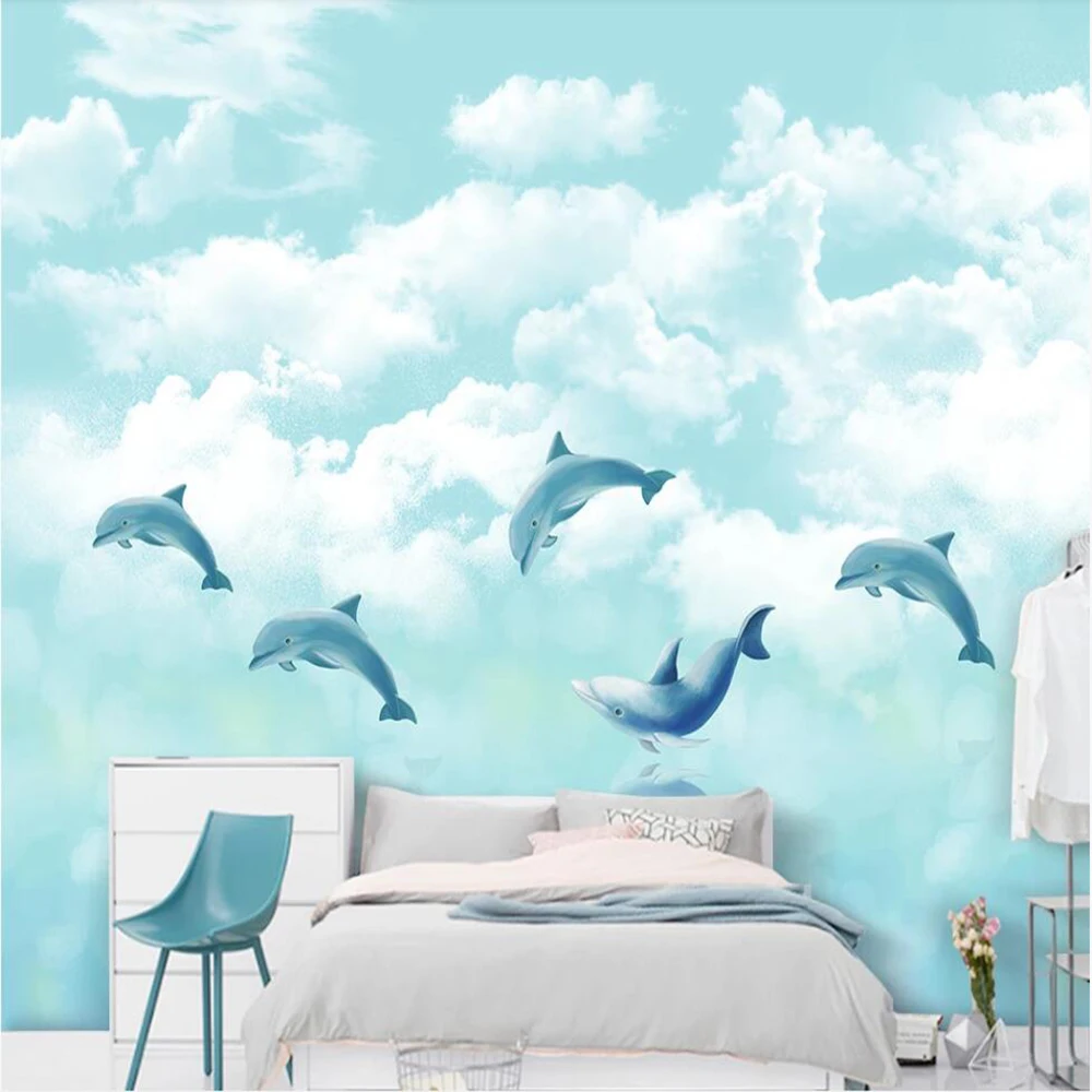 

Milofi custom large wallpaper mural hand-painted cartoon ocean sky dolphin children's room background wall decoration painting