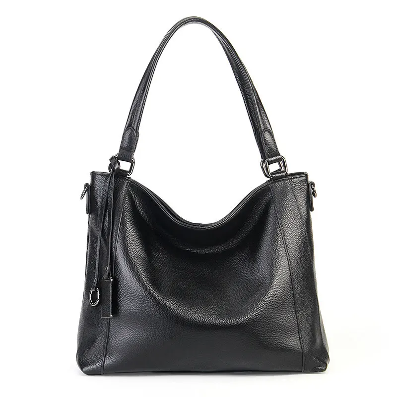 Женская сумка из натуральной воловьей кожи, Повседневная Сумка-тоут, Классическая Бронзовая женская сумка на плечо, модные женские сумки через плечо - Цвет: black
