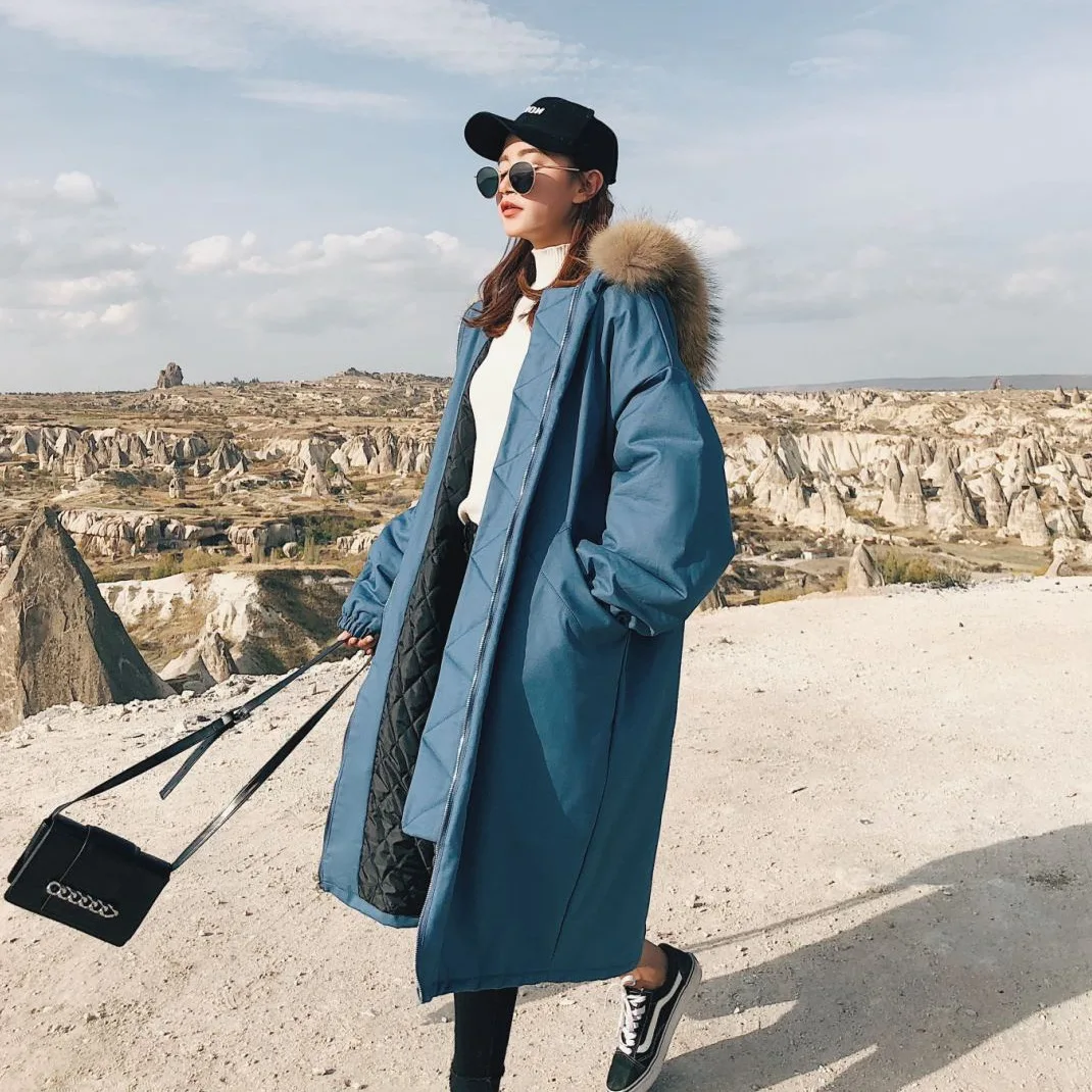 

Photo Shoot CHIC Workwear Blue Loose Straight Mid-length Hooded Large Fur Collar BF Laziness Cotton Overcoat Women's Thick