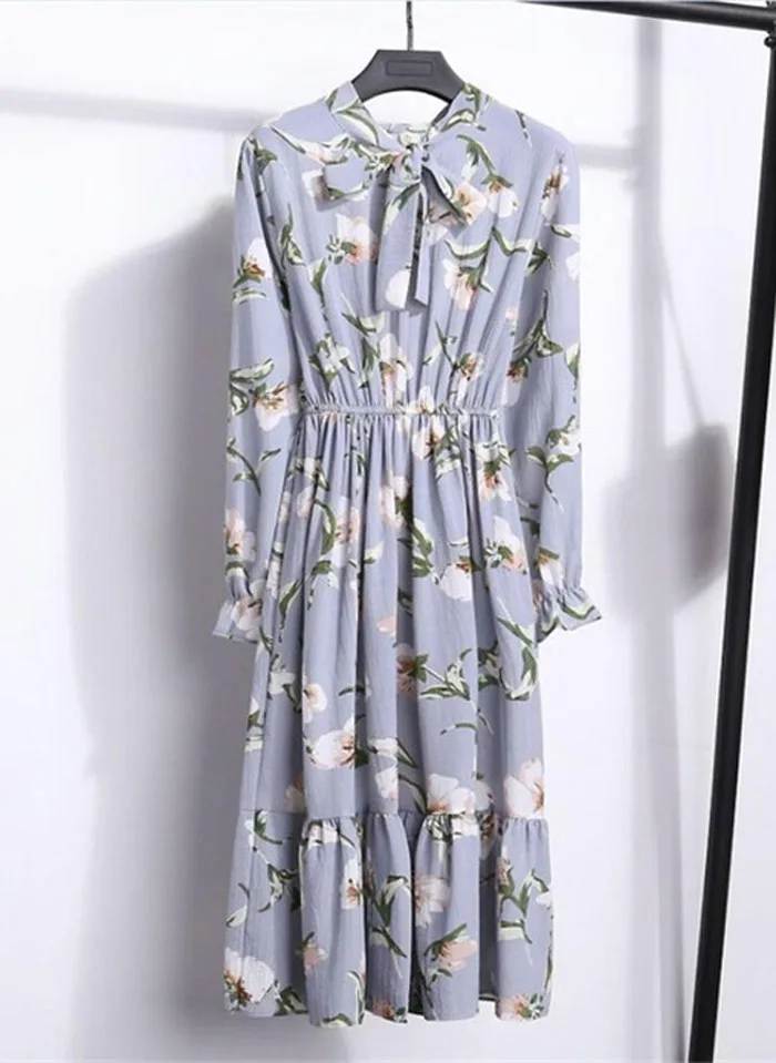 2020 Women Casual Spring Summer Dress Lady Korean Style Vintage Floral Printed Chiffon Shirt Dress Long Sleeve Bow Long Dress