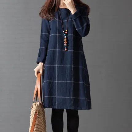 

2018 Spring And Autumn New Style Literature And Art Large Size Dress Loose-Fit Korean-style Long Sleeve Plaid Cotton Linen Dress