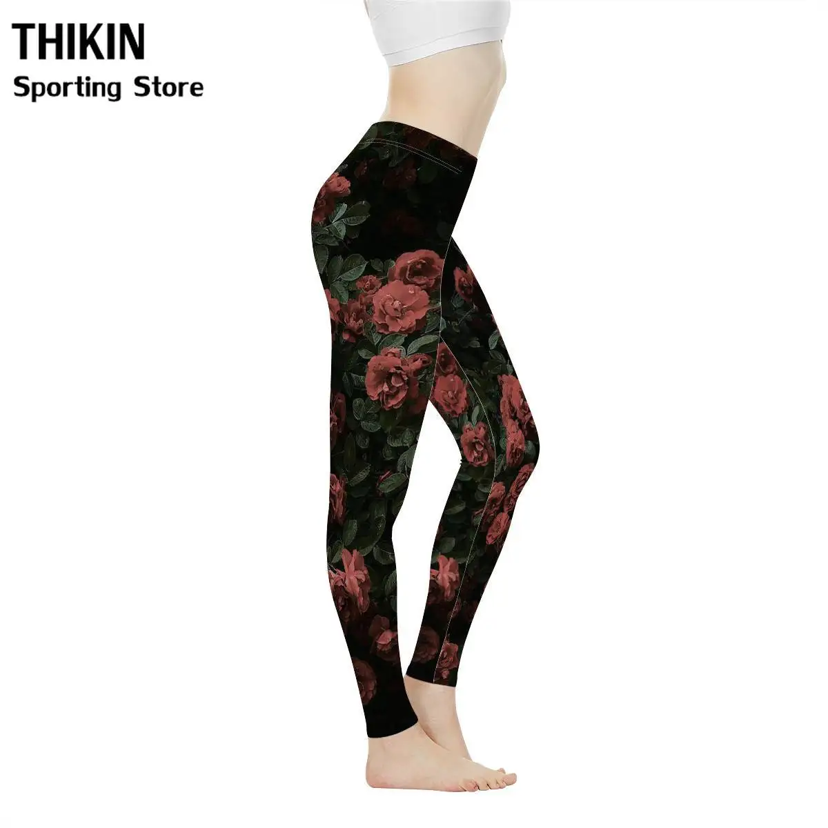 

THIKIN Vintage Red Rose Pattern legins Pants Tummy Control Workout Running Exercie Gym Leggings Sports Stretch Running Leggings