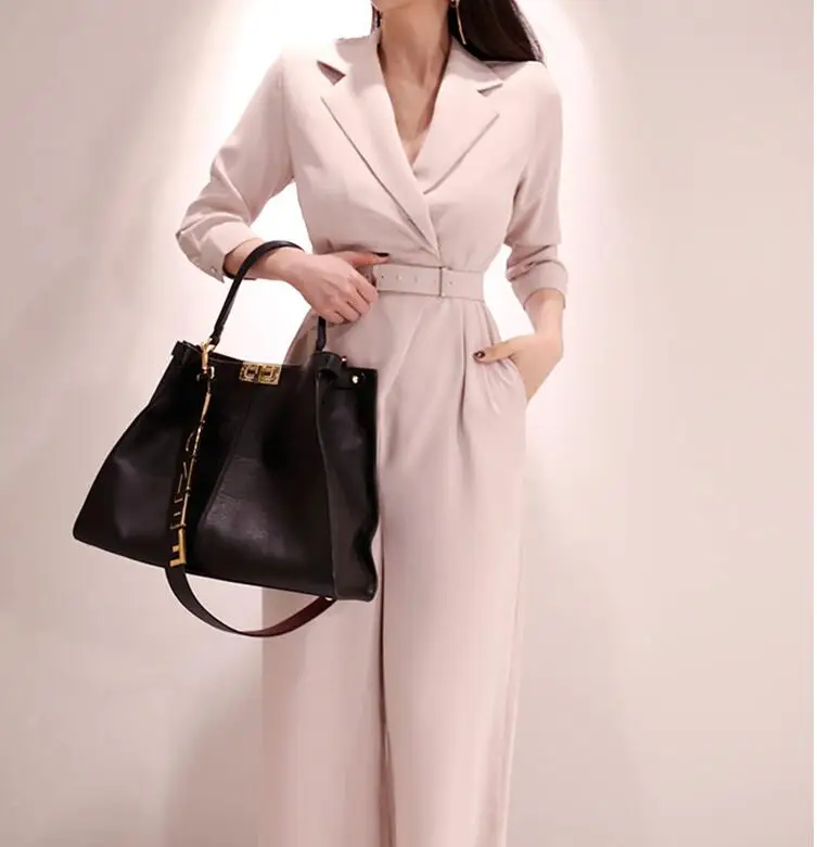 JOYINPARTY new Office Lady Style Elegant Women Spring Summer Romper Female Overalls Belt Casual Jumpsuit - Цвет: Розовый