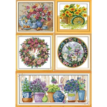 

Garlands&potted Plants Series Handmade Cross Stitch Kits 11CT14CT Printed Pattern Crafts Fabric Sewing Needlework Embroidery Set