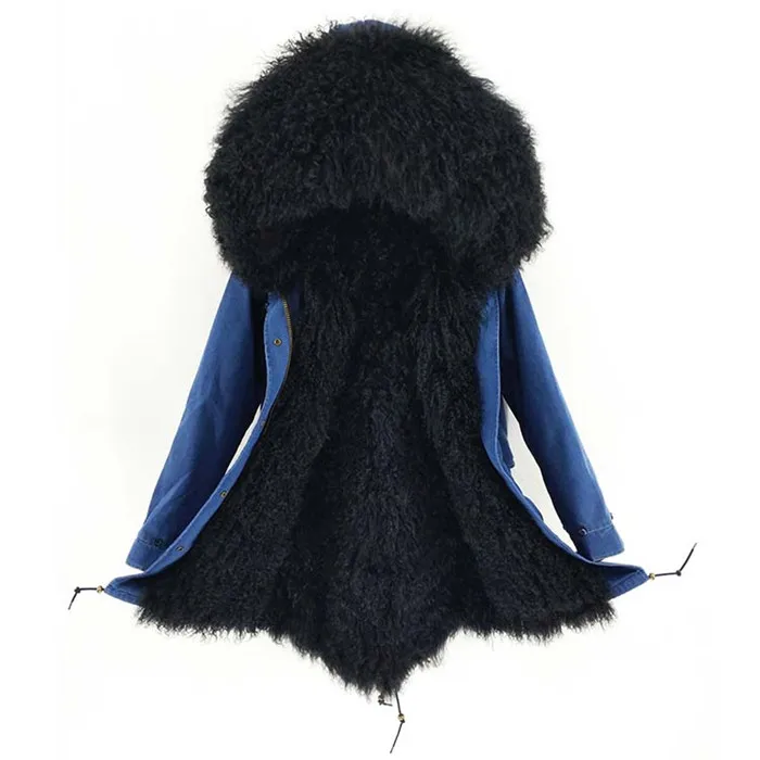 denim blue shell Новое поступление парка с натуральным мехом монгольская овечья подкладка пальто с капюшоном верхняя одежда толстая теплая Длинная зимняя куртка для женщин большие размеры - Цвет: denim blue shell