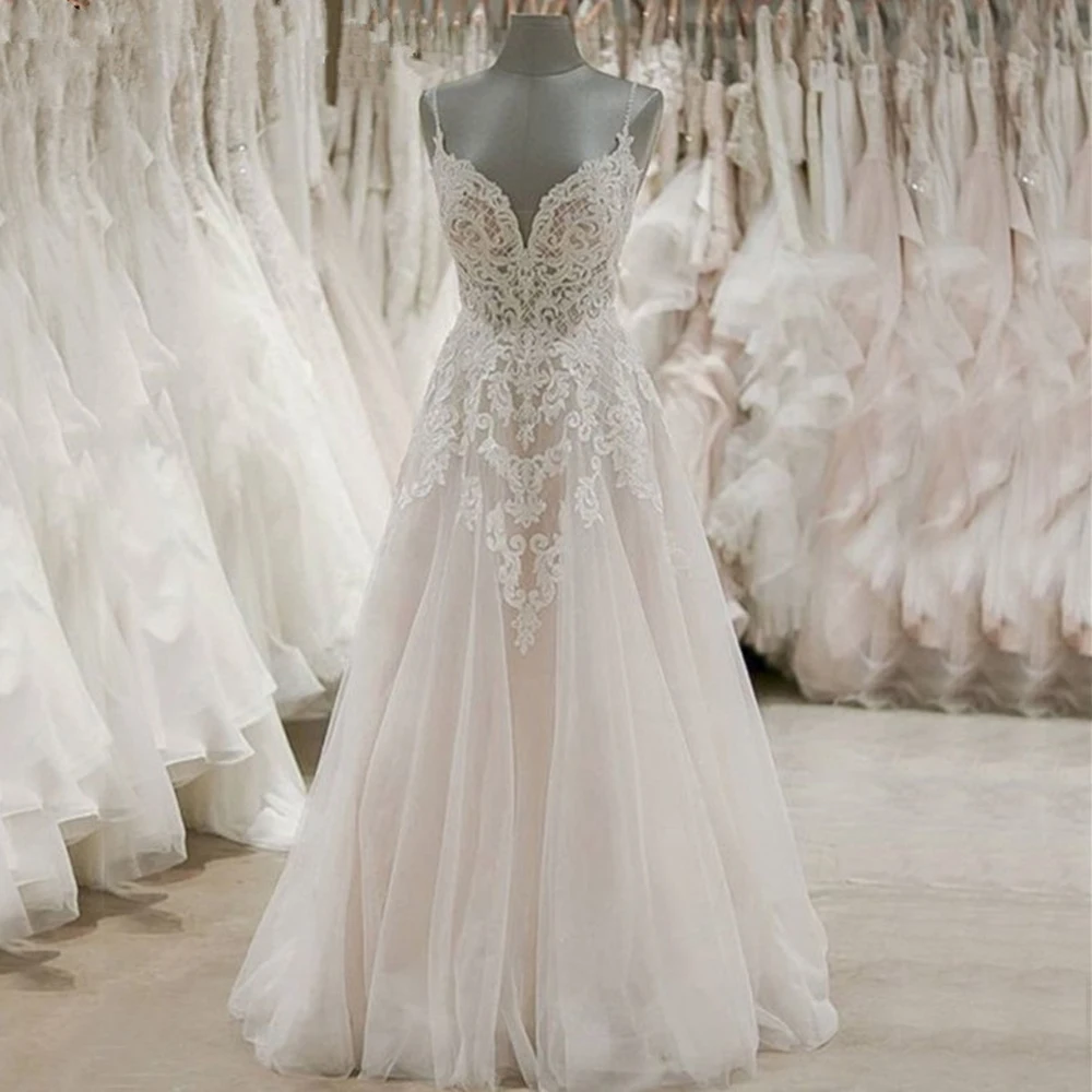 

Женское свадебное платье на бретелях-спагетти, длинное пляжное платье с V-образным вырезом и открытой спиной, простое платье для свадьбы, свадебное платье с цветочным принтом