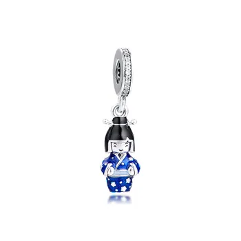 

925 Sterling Silver Beads for Jewelry Making Japanese Doll in Blue Kimono Crystal Beads Fit Charm Bracelet & Necklace Femme DIY