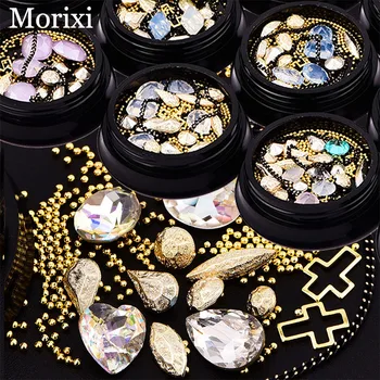 

Gold rainbow diamond mixed shape metal steel ball opal stone DIY 3D crystal ab Rhinestones copper chian for nail art BZ036