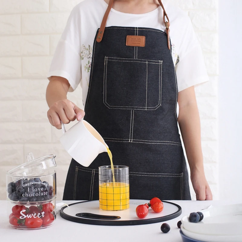 Fashion Nordic Style Whole Cotton Unisex Leather Denim Apron Coffee Shops Work Cleaning Aprons For Woman Kitchen Baking Black