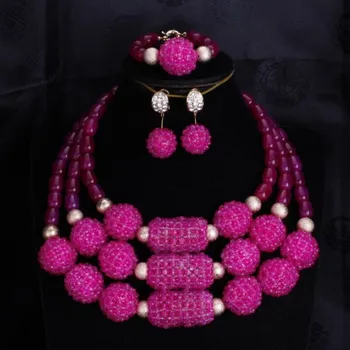

4UJewelry Fuchsia Necklace Set Beads 3 Layers Crystal Balls Jewellery With Bracelet and Earrings Set African Nigerian Weddings