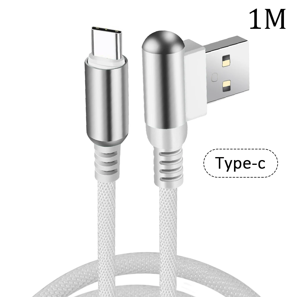 USB Type C Cable 90 Degree elbow Nylon Braided 1M Fast Charging Data Cable for Samsung s8 s9 For Oneplus For Huawei Type-C Cable - Цвет: White