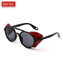 Red Son, модные поляризационные мужские солнцезащитные очки в стиле стимпанк с кожаными боковыми щитами, круглые ретро-панк Солнцезащитные очки для женщин, UV400 Oculos