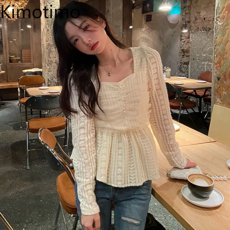 Kimotimo Lace Bottoming Tops Women French Square Collar Design Waist Pleated Shirts Autumn Winter Temperament Long Sleeve Blouse | Женская