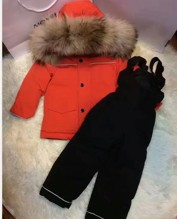 Зимняя куртка на рост 80-145 см, г. Детские пуховики и штаны, зимний костюм для мальчика с меховым капюшоном, верхняя одежда, лыжный костюм - Цвет: Оранжевый