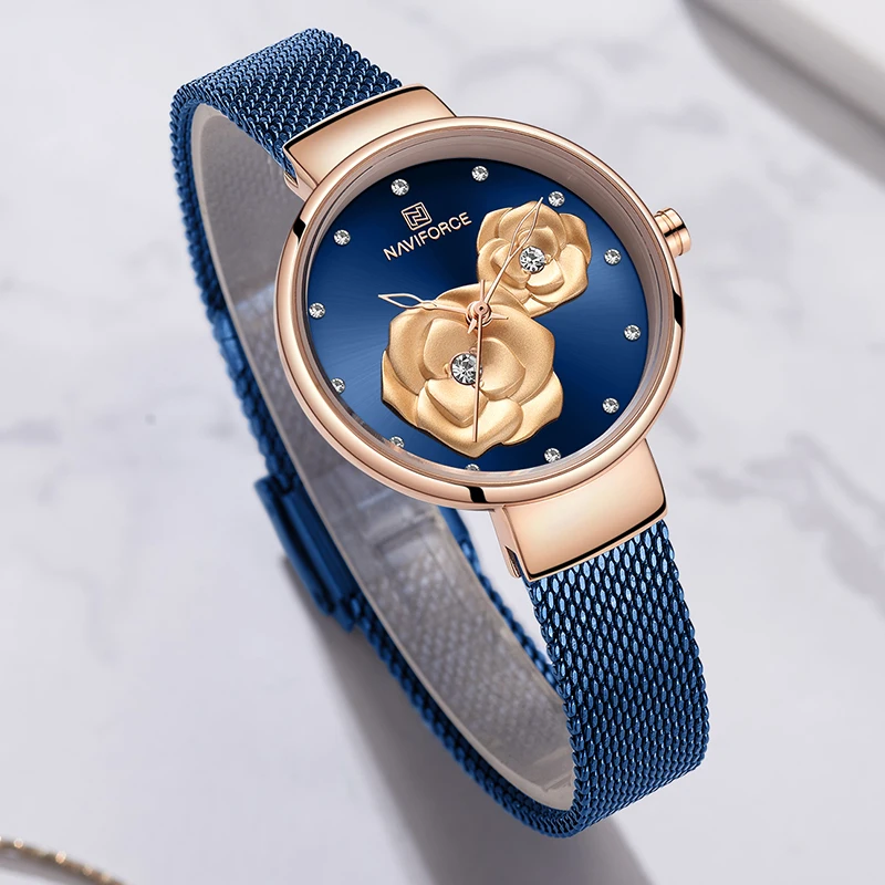 Tanie Najnowszy NAVIFORCE moda Casual zegarek kobiety 3D kwiat wodoodporny prosty dla dziewczyny prezent kwarcowy kobieta zegar Relogio Feminino 2020