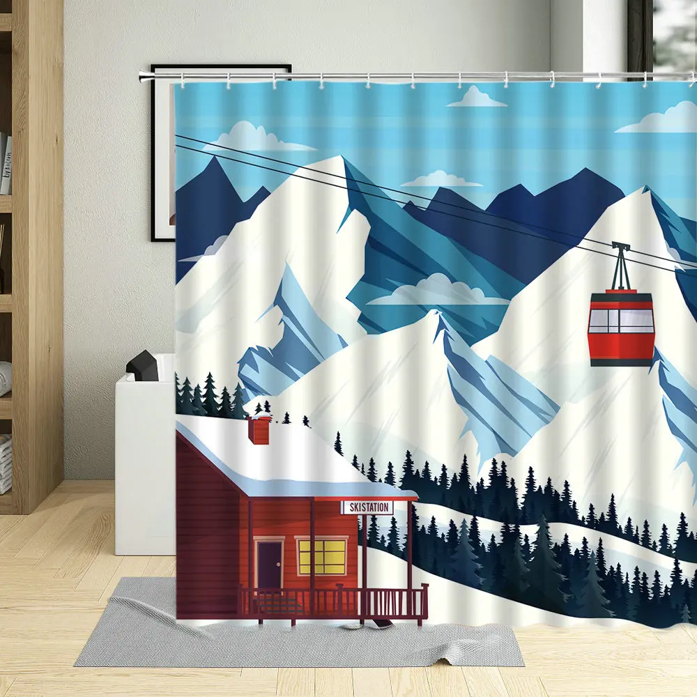 Natural Scenery Shower Curtain Snow Mountain Forest Winter