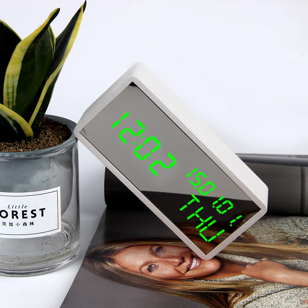 Generic Led Table Clock Calendar Digital Wooden Mirror Alarm Clock