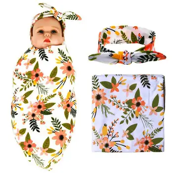 

Newborn Receiving Blanket Headband Set Flower Print Baby Swaddle Receiving Blankets