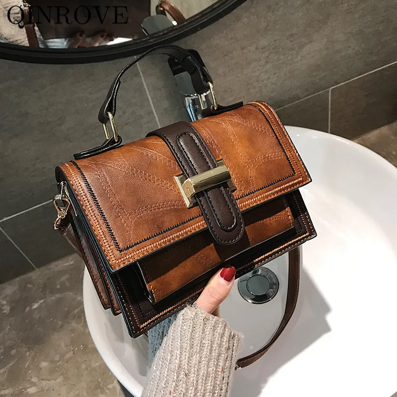 

QINROVE PU Leather Messenger Shouder Bags for Women Flap Hasp Small Vintage Personality Female Handle Bags 2020 New Arrival Soft