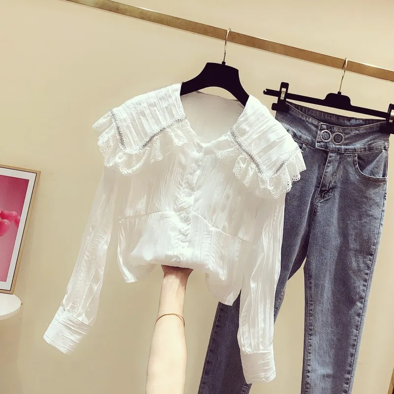 White Blouse Woman 2020 Spring New Korean-Style Temperament Lace-Collar High-Waist Long-Sleeve Shirt Women's Casual Folds Tops - 4.00068E+12