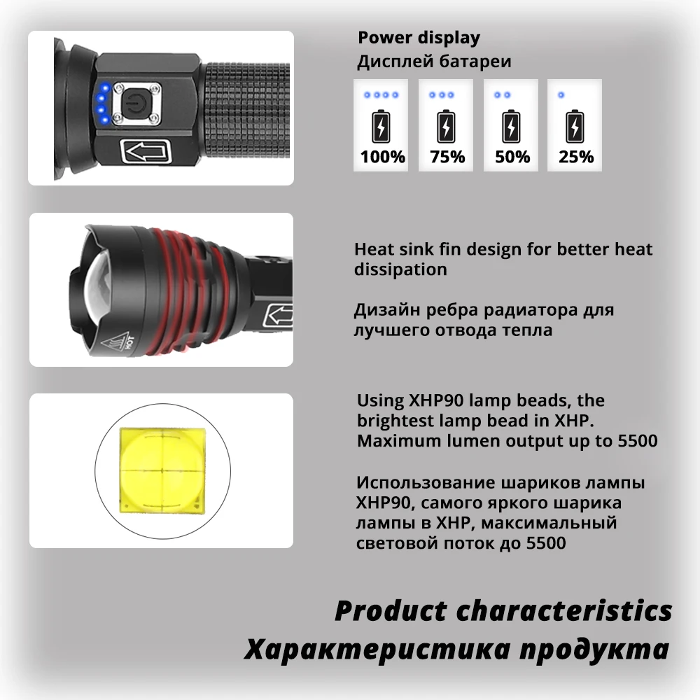 Самый яркий светодиодный фонарь XHP90, тактический Водонепроницаемый фонарь, 3 режима освещения, масштабируемые, для охоты, кемпинга, лампы на 18650 или 26650