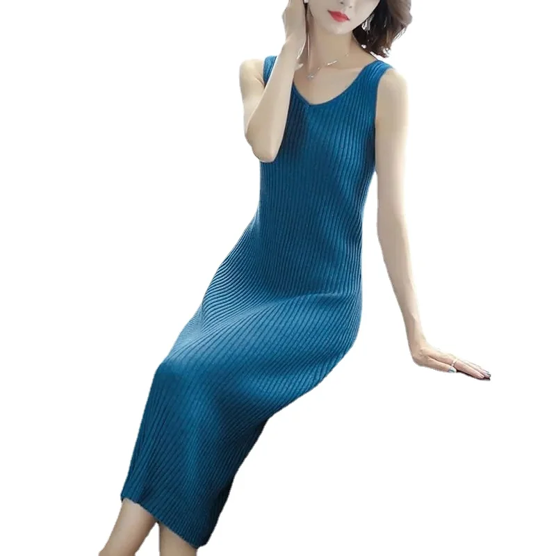 

Women Spring Autumn Solid Large Size Sleeveless Elastic Knitted Dress Sexy V-Neck Slim Dress Female Elegant Dresses