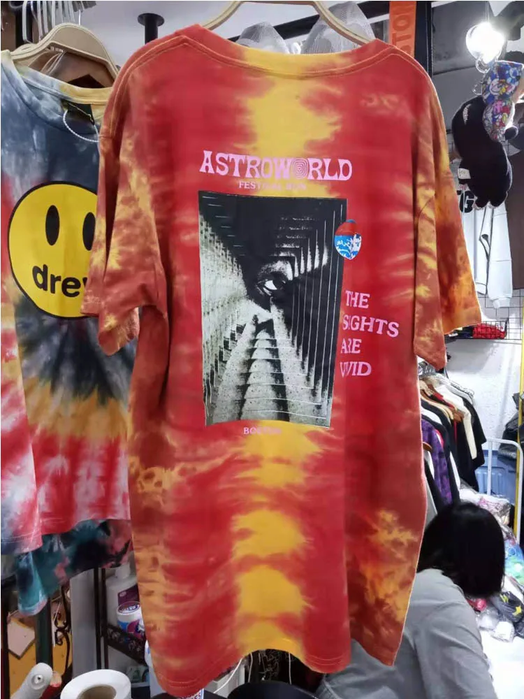 【Real Pictures Labels】ASTROWORLD T Shirt Men Women TRAVIS SCOTT T shirts Red TIE DYE Festival Run Logo Tee - Цвет: 6