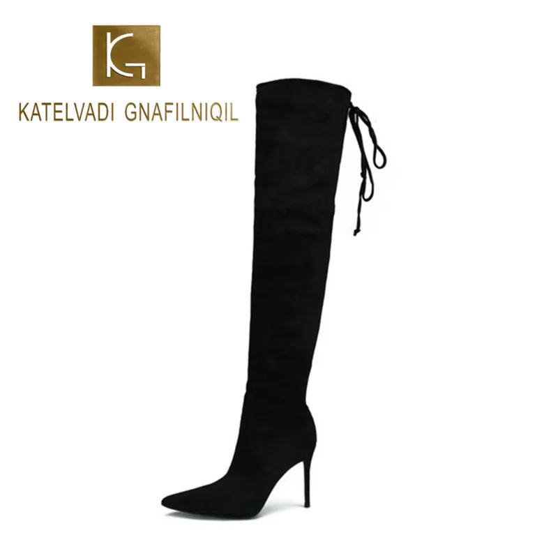 Зимние ботинки KATELVADI размеры 34-46 черные сексуальные из флока на тонком каблуке 10