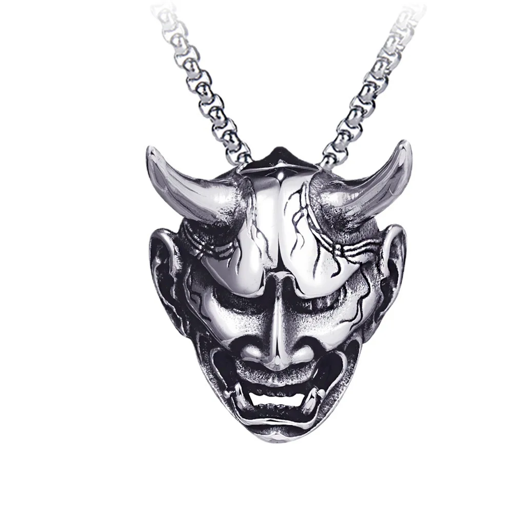 Stainless Steel Evil Oni Noh Hannya Mask Pendant Necklace Japanese Style Horror Punk Hip Hop