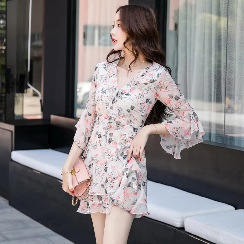 

Floral-Print Chiffon Dress Hipster Summer Popular of France Non-mainstream Flounced Fairy Skirt