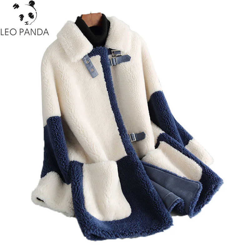 Новинка, зимнее женское меховое пальто высокого качества, модное контрастное цветное мозаичное длинное шерстяное пальто из овечьей шерсти для женщин