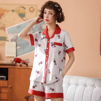 

Elastic Comfortable Loungewear Pajamas Women Pure Cotton Short Sleeve Shorts Cardigan Thin Loose Homewear Pajamas Two Piece Set