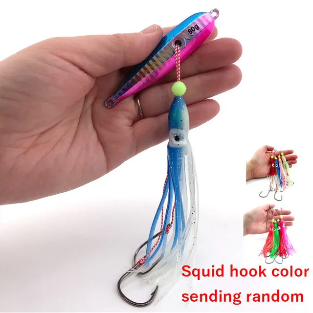 inchiku Squid Octopus lure 40g 60g 80g 100g Bottomship Sinking Slow Metal Jig Head Skirt Hook Saltwater Fishing Marlin Lure Bait Color A with hook