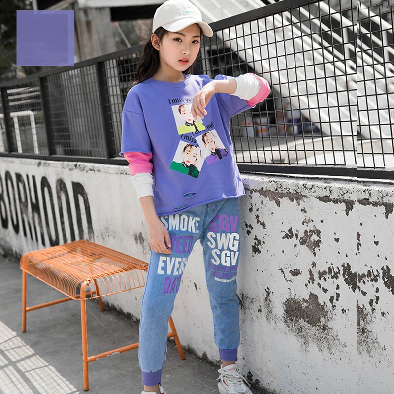 Комплекты одежды для девочек летняя детская одежда Подростковая кофта с джинсовыми штанами комплект одежды из 2 предметов для девочек 8, 10, 12, 14 лет - Цвет: blue