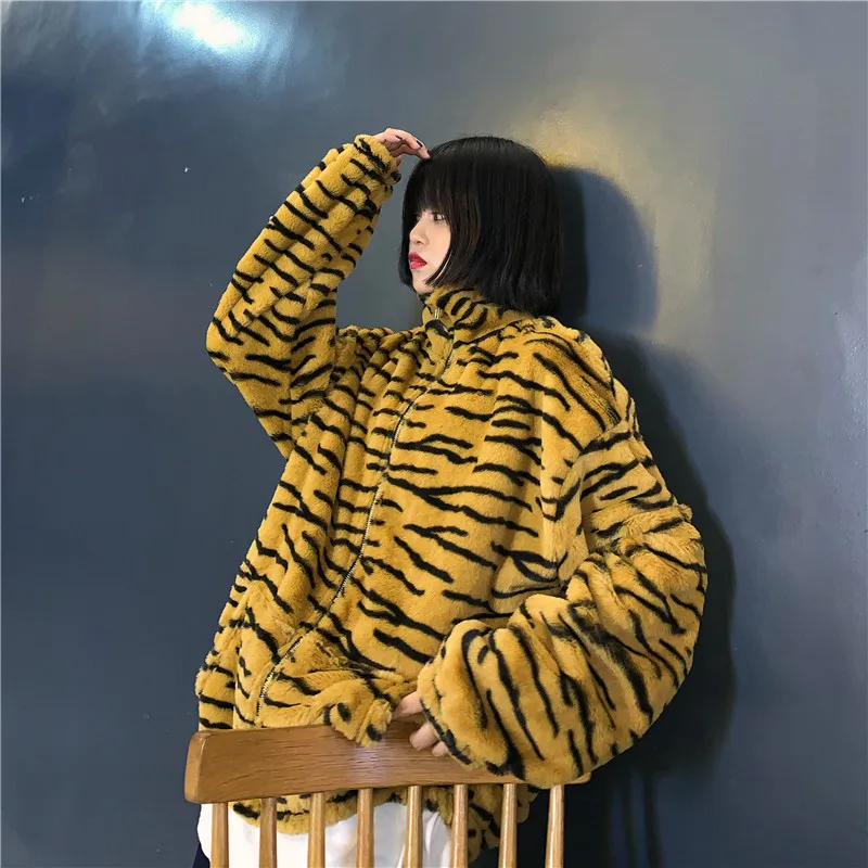 Neploe Harajuku ретро зимние теплые пальто женские модные Плюшевые куртки на молнии с карманами парка в полоску Зебра Верхняя одежда Пальто 55454