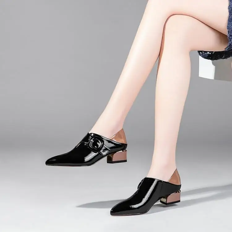 

Coarse documentary shoes with pointed leather shoes spell color belt buckle head layer cowhide 3.5 cm small leather shoes
