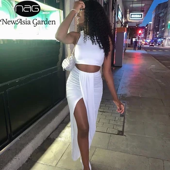 NewAsia Summer Women Crop Top Long Skirts Two Piece Set White Party Club Wear Sexy Split Skirts Sets Casual Clothing 2020 New 1