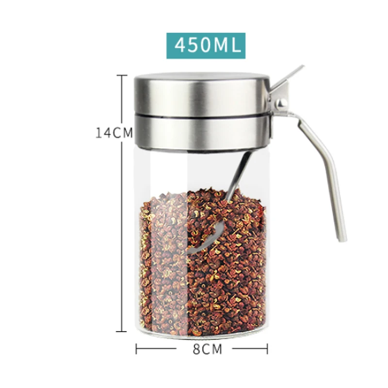 304 Sainless Steel Lid Glass Spice Seasoning Jars Salt Pepper Shaker Seasoning Box Kitchen With Spoon Set - Цвет: 450ML